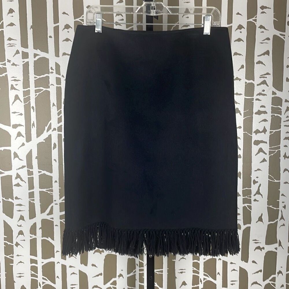 Ellen Tracy Fringe Trim Wool Felt Pencil Skirt 12 Black